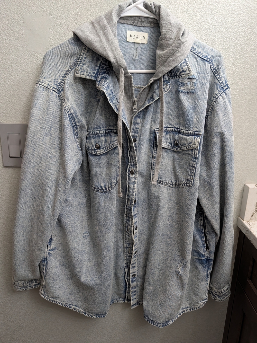 Risen Light Blue Denim Jacket with Gray Hoodie Layer